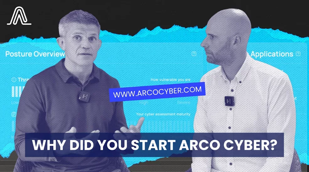 Two men in conversation in a branded Arco Cyber video