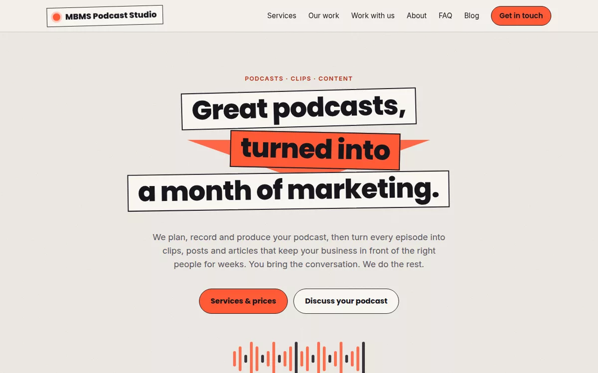 The MBMS Podcast Studio home page, headlined Great podcasts, turned into a month of marketing