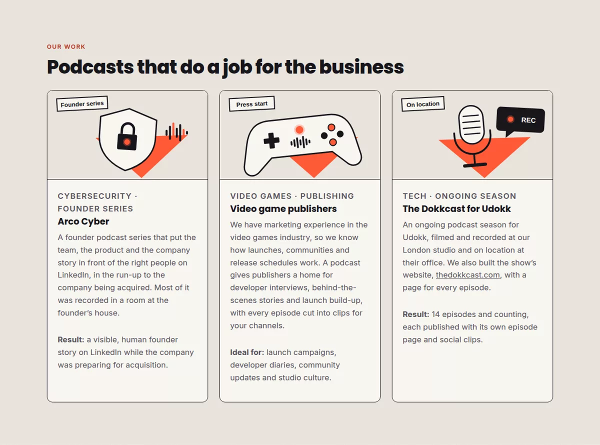 Case study cards on the Work with us page