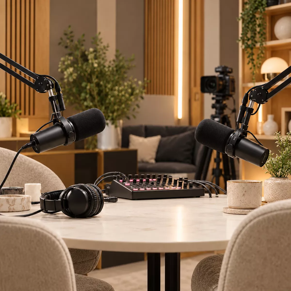 A podcast set with two microphones, headphones and a mixer on a marble table, with cream chairs and a camera