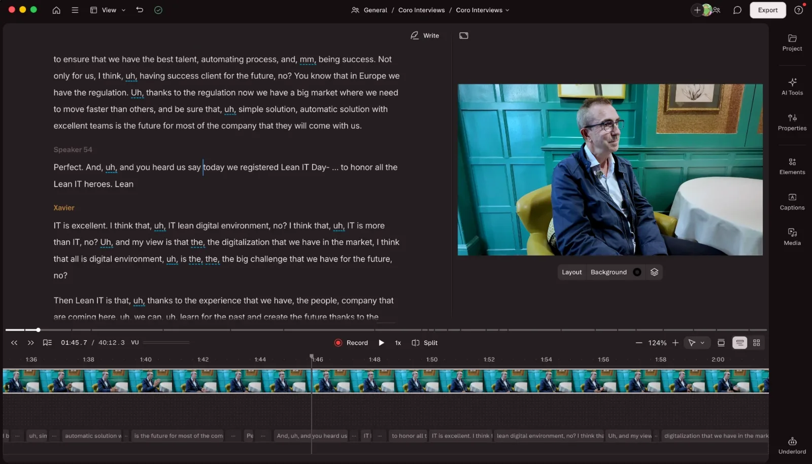Descript's editor showing an interview transcript with filler words underlined, the video preview and a timeline