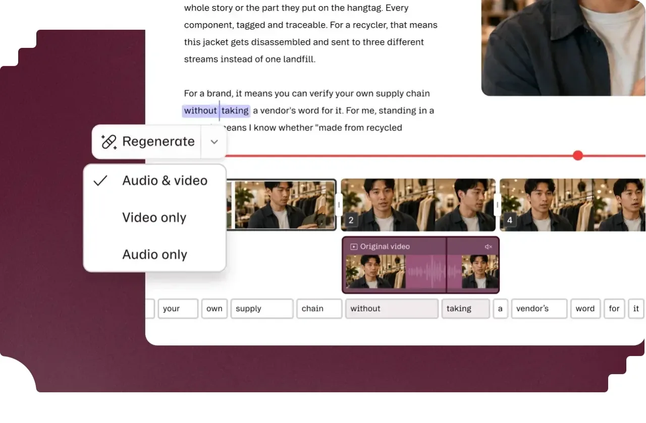Descript's Regenerate menu, with options for audio and video, video only or audio only, over two selected words in a transcript