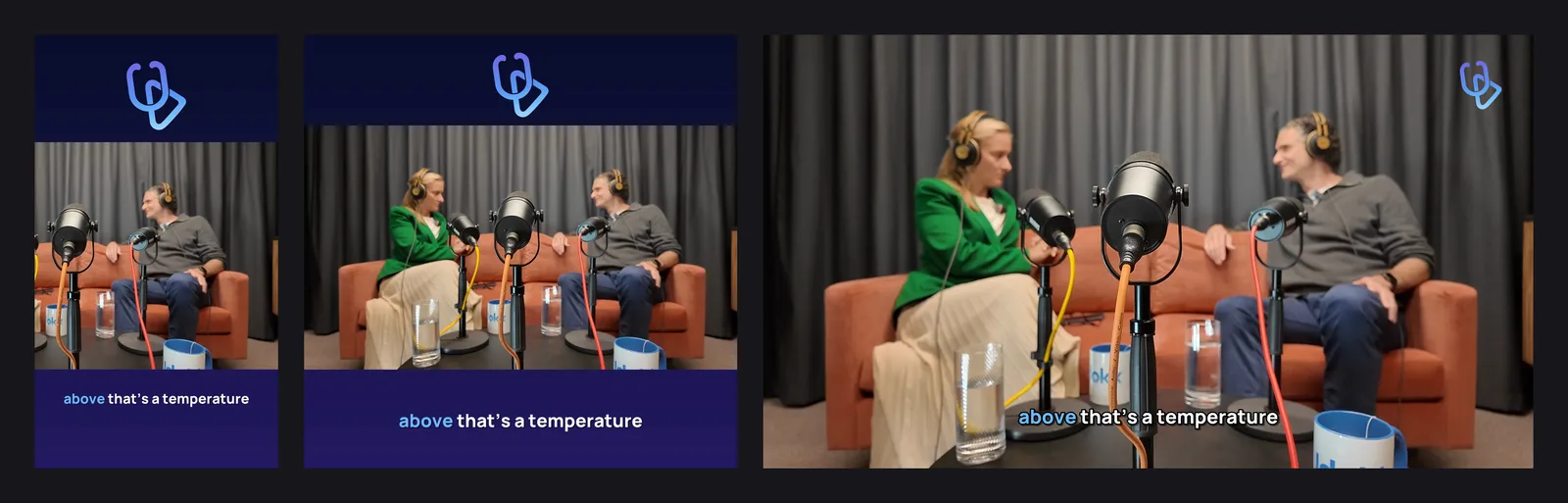 The same Dokkcast clip in portrait, square and landscape, with burned-in captions and the show’s logo