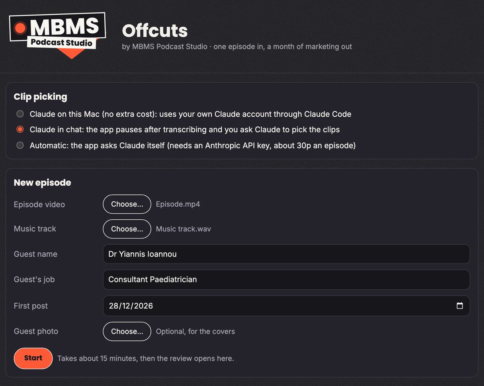 The Offcuts start screen, with options for how clips are picked and a form for the episode video, music track, guest name, guest’s job, first post date and guest photo