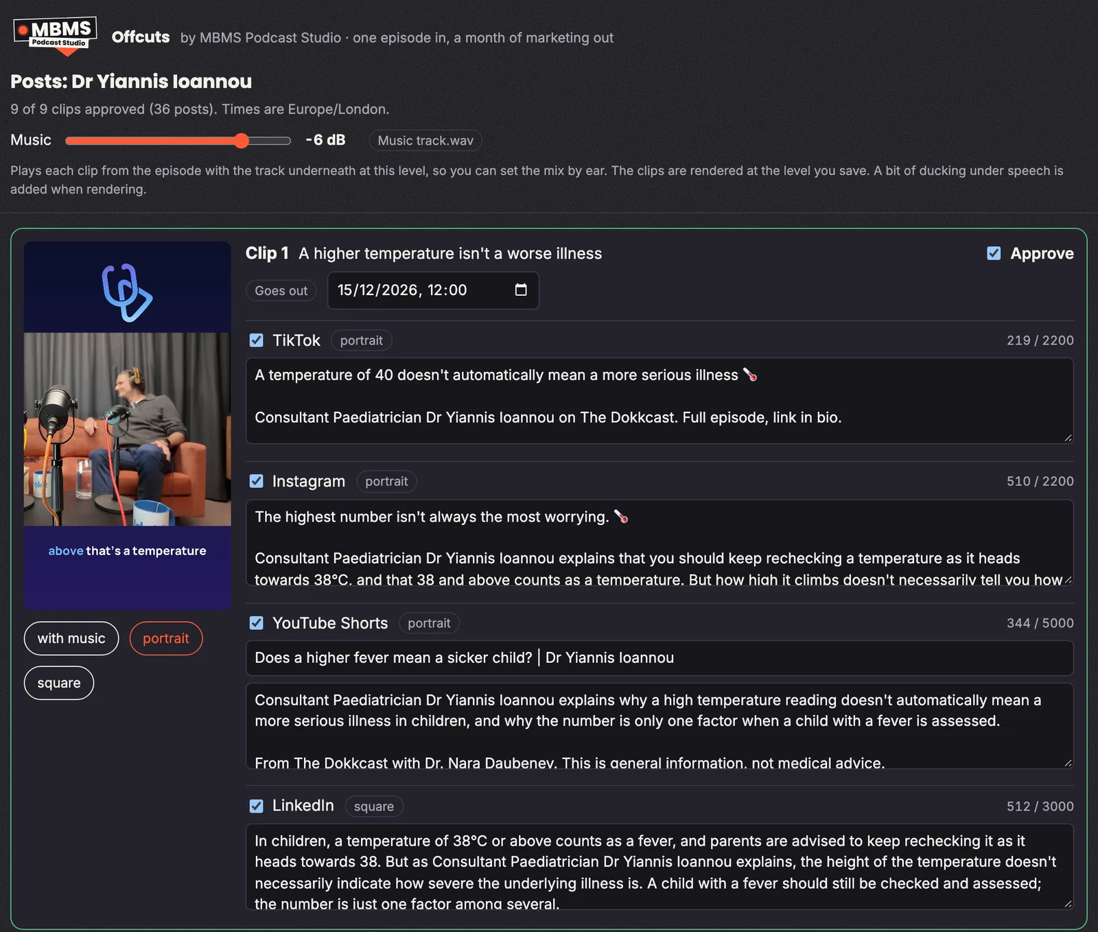 The Offcuts review page showing clip 1 with its post date, an Approve tick box, and separate captions for TikTok, Instagram, YouTube Shorts and LinkedIn