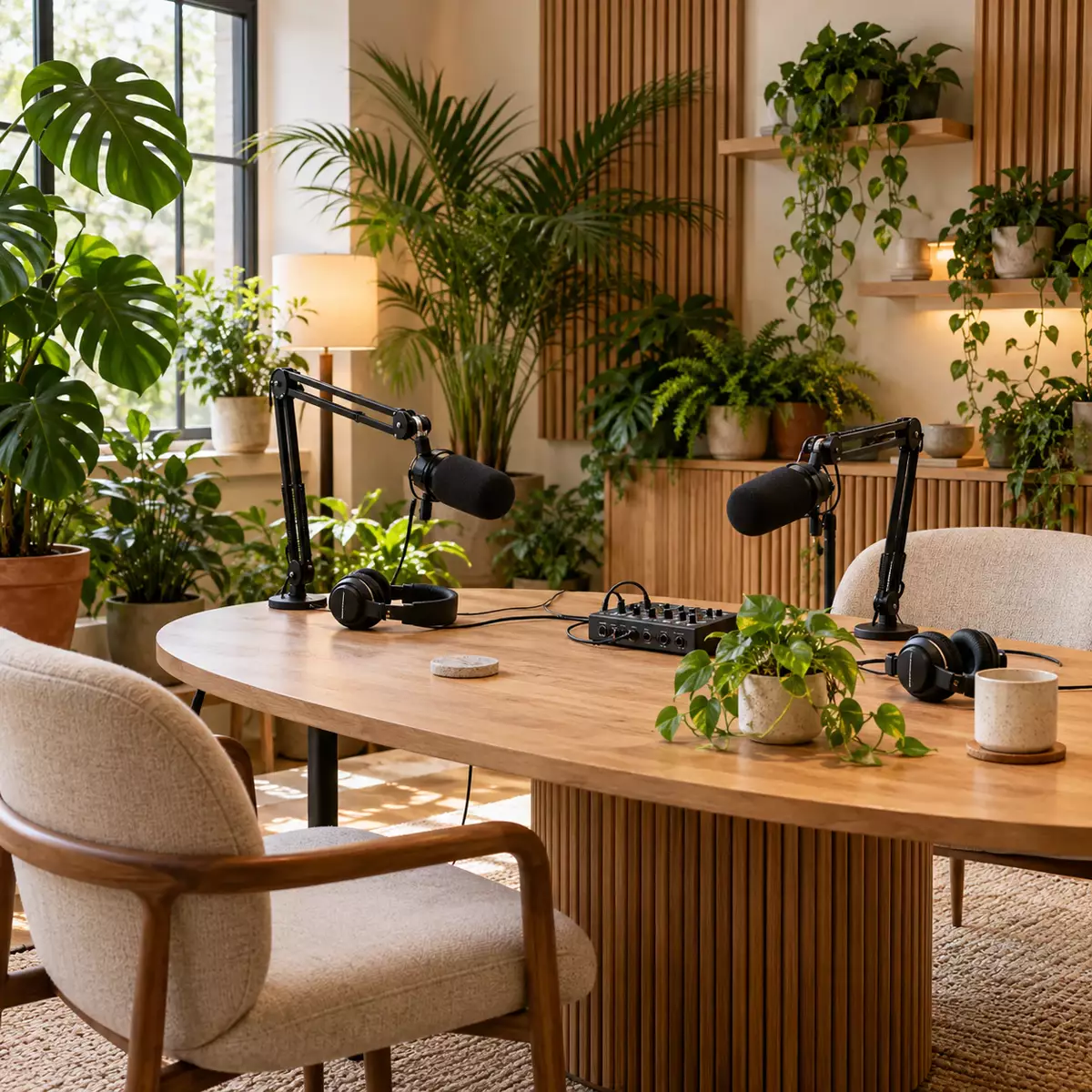 A podcast table with two microphones, headphones and a mixer in a room full of plants