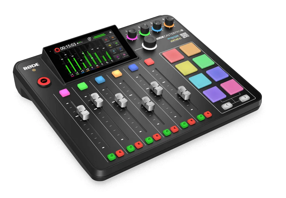 RØDECaster Pro II podcast mixer with faders, colour-coded pads and touchscreen